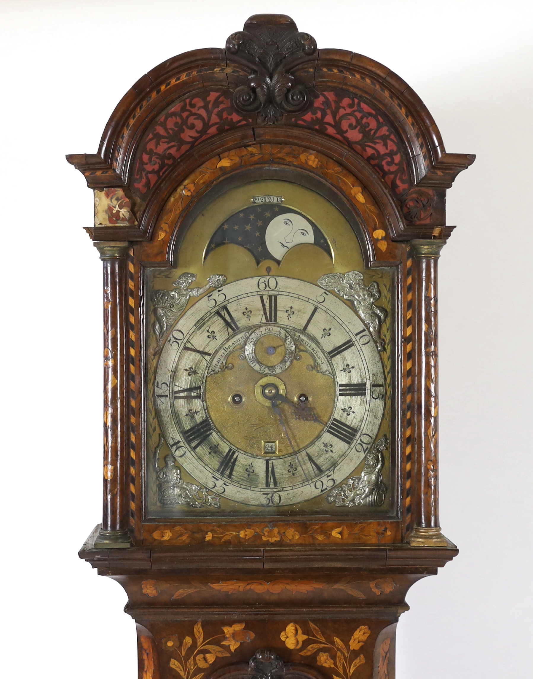 Gerrit Bramer of Amsterdam. An 18th century Dutch marquetry inlaid walnut eight day longcase clock, 55cm wide, 226cm high